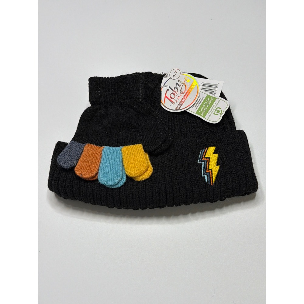 Toby & Me Kids Black Lightning Bolt Beanie and Gloves Set Age‎ 4-7 NWT